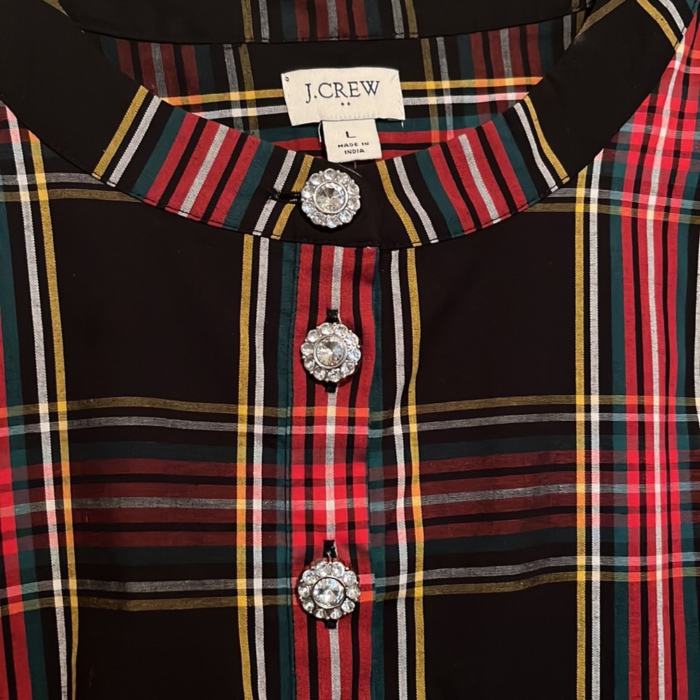 NWT Women’s JCrew Christmas Stewart Tartan cotton poplin top jewel buttons, Larg
